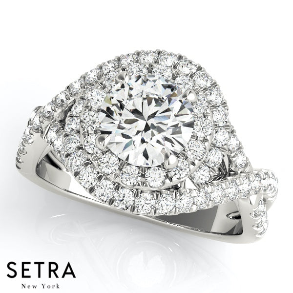 Lab Grown Diamonds Double Halo Bypass Engagement 14k Gold Ring