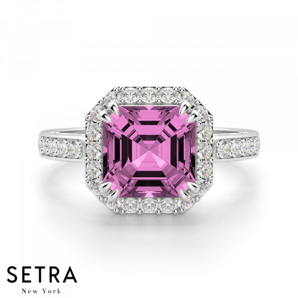Asscher Cut Pink Sapphire Round Diamond Halo Engagement Fine