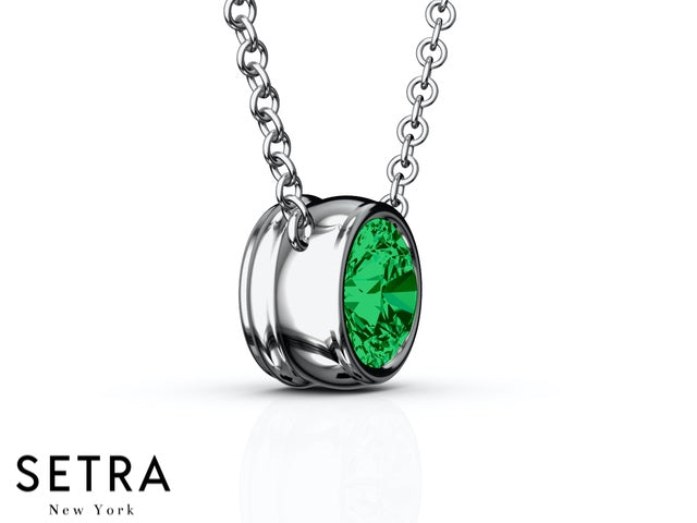 Solitaire Green Emerald 14kt Gold Necklace
