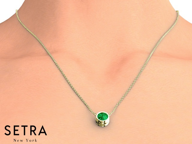 Solitaire Green Emerald 14kt Gold Necklace