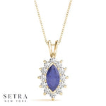 14K Gold Round Cut Diamonds & Sapphire In Halo Style Necklace
