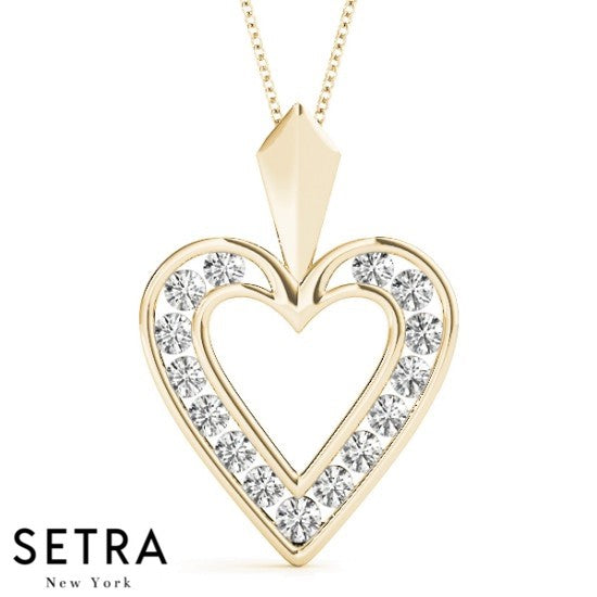 14K Fine Gold Diamond Heart Necklaces Channel Set