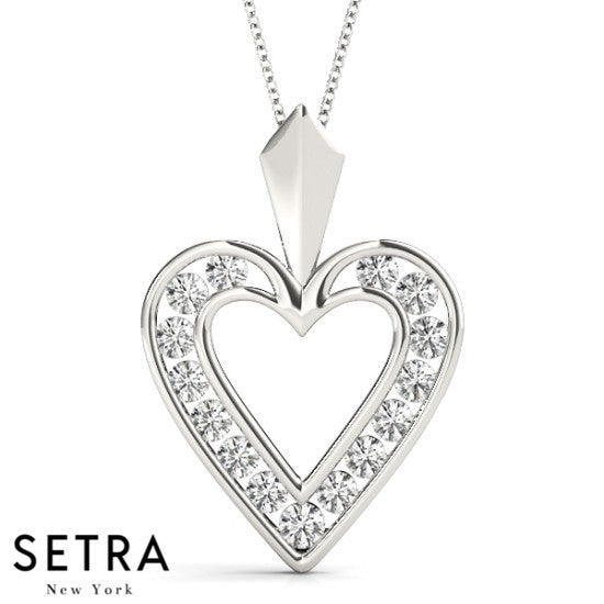 14K Fine Gold Diamond Heart Necklaces Channel Set