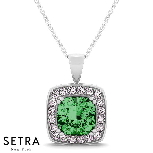 Diamonds & Cushion Cut Green Emerald Necklace 14kt Gold
