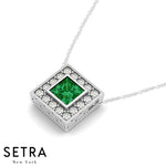 Diamonds & Princess Cut Green Emerald Necklace 14kt Gold