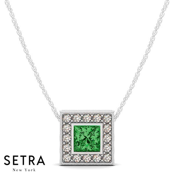 Diamonds & Princess Cut Green Emerald Necklace 14kt Gold