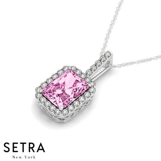 Diamonds & Emerald Cut Pink Sapphire Necklace 14kt Gold