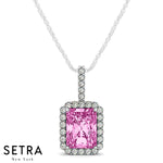 Diamonds & Emerald Cut Pink Sapphire Necklace 14kt Gold