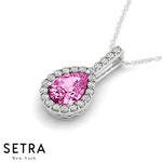 Diamonds & Pear Shape Pink Sapphire Necklace 14kt Gold