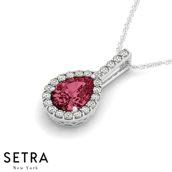 Diamonds & Pear Cut Ruby Necklace 14kt Gold