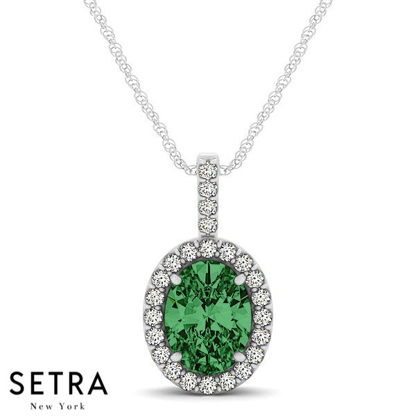 Diamonds & Oval Cut Emerald Necklace 14kt Gold