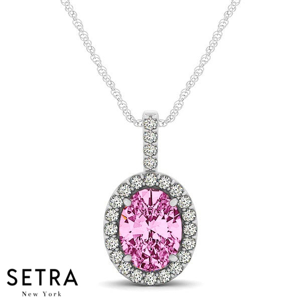 Vintage 14K Gold Round Cut Diamonds & Oval Pink Sapphire In Halo Setting Necklace