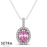 Diamonds & Oval Cut Pink Sapphire Necklace 14kt Gold
