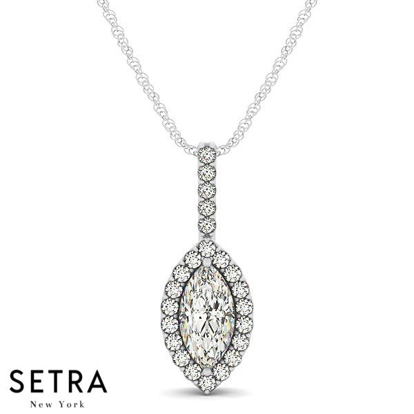 Center Marquise Cut Diamond Halo Necklace 14kt Gold