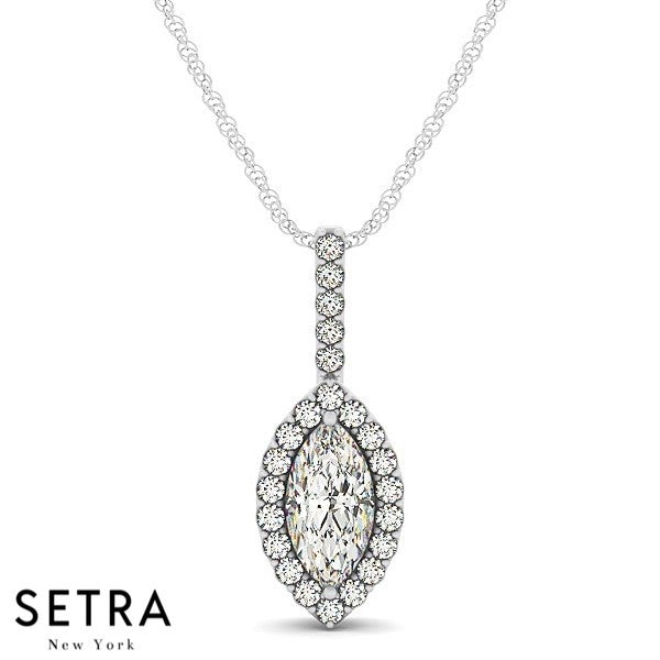 Lab Grown Diamonds Necklace Halo Center Marquise  Cut 14kt Gold