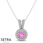 Vintage 18K Gold Round Cut Diamonds & Pink Sapphire In Halo Setting Necklace