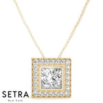 For Center Princess Cut Diamond Halo Necklace 14kt Gold