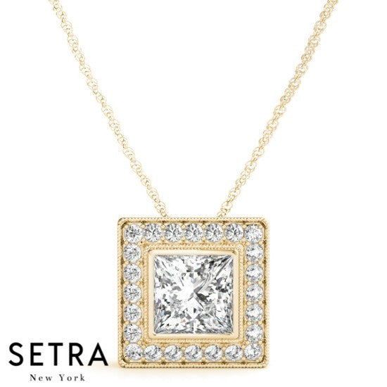 Center Princess Cut Diamond Halo Necklace 14kt Gold