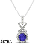 Diamonds & Sapphire In Halo Setting X Style Birthstone Necklace