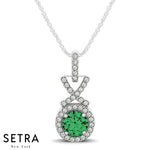 Diamonds & Emerald In Halo Setting X Style Birthstone Necklace
