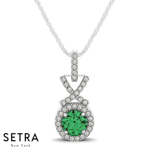 Diamonds & Emerald In Halo Setting X Style Birthstone Necklace