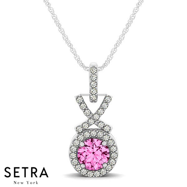 Diamonds & Pink Sapphire In Halo Setting Necklace