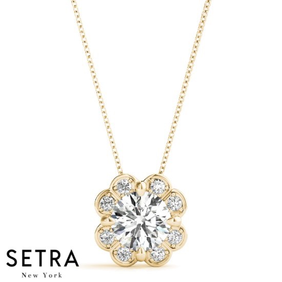 Flowers Diamonds Necklace Micro-Pave Setting 14kt Fine Gold