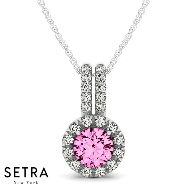 Vintage 14K Gold Round Cut Diamonds & Pink Sapphire In Halo Setting Necklace