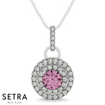 Diamonds & Pink Sapphire In Halo Setting Necklace 14kt Gold