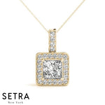 Center Princess Cut Diamond Halo Necklace 14kt Gold