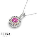 Diamonds & Pink Sapphire In Double Halo Necklace 14kt Gold
