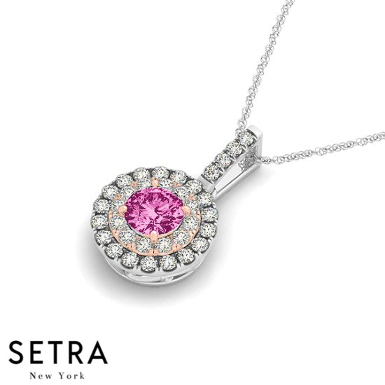 Diamonds & Pink Sapphire In Double Halo Necklace 14kt Gold