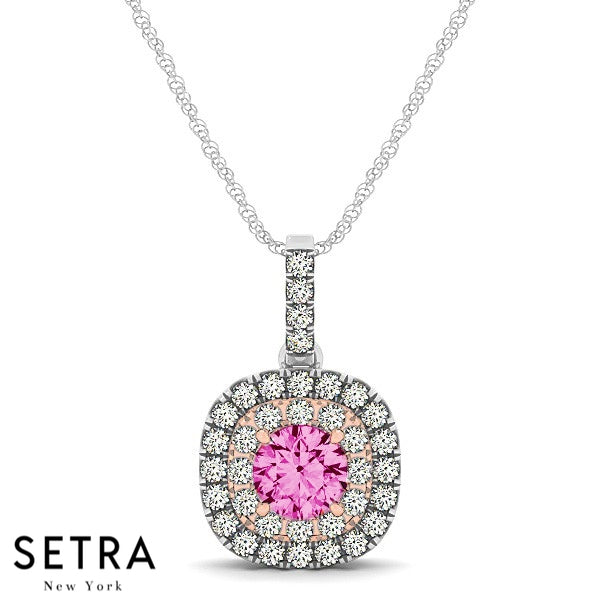 Vintage 14K Rose & White Gold Round Cut Diamonds & Pink Sapphire In Double Halo Necklace