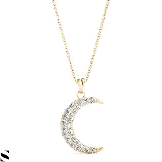 Lab Grown Personalized Crescent Moon Diamond Micro-PAVE Setting Necklace 14kt Gold
