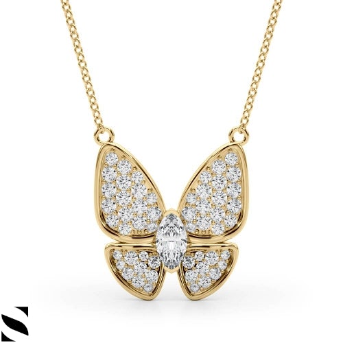 Lab Grown Diamonds  Marquise & Round Cut Butterfly Necklace 14kt Gold