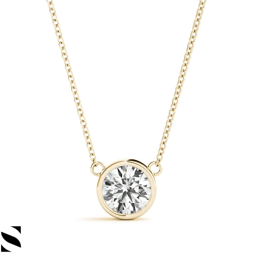 Set In Bezel Setting Round Cut Diamond Solitary Necklace 14kt Gold