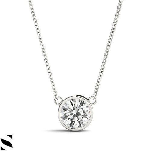 Set In Bezel Setting Round Cut Diamond Solitary Necklace 14kt Gold