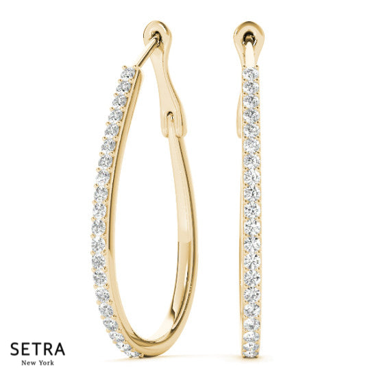 Oval Style Hoop Diamonds Earrings 14kt Gold