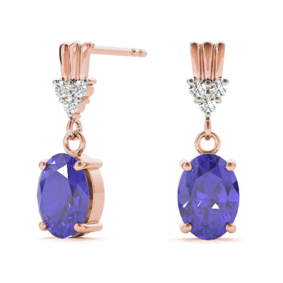 Oval Shape Sapphire & Round Cut Diamonds Hanging Earring 14kt Gold