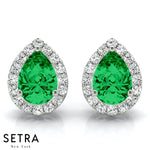 Diamond & Pear Cut Green Emerald Gem Halo Earring 14kt Gold