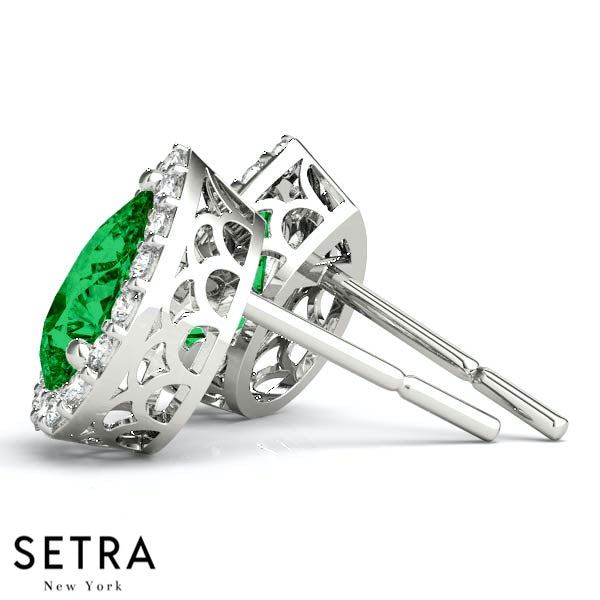 Diamond & Pear Cut Green Emerald Gem Halo Earring 14kt Gold