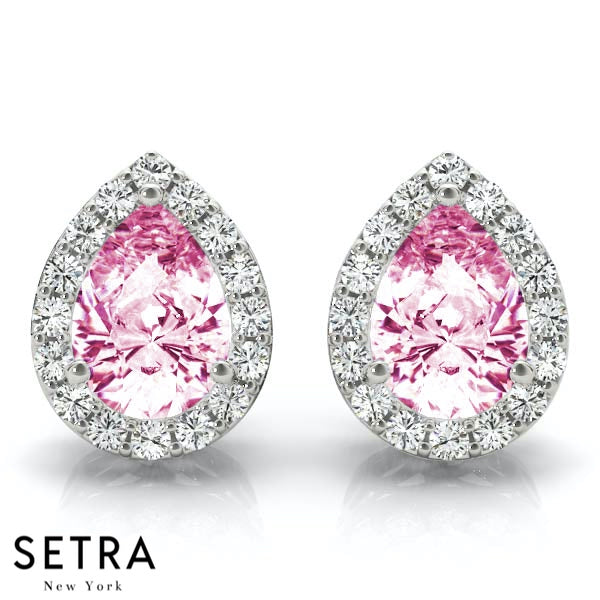 Pink Sapphire Pear Cut Halo Diamond Earring 14kt Gold