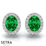 Diamond & Oval Green Emerald Gem Halo Earring 14kt Gold