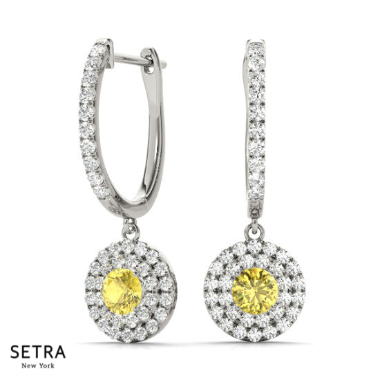 Yellow Sapphire & Round Cut Diamonds Dangling Earring 14kt Gold