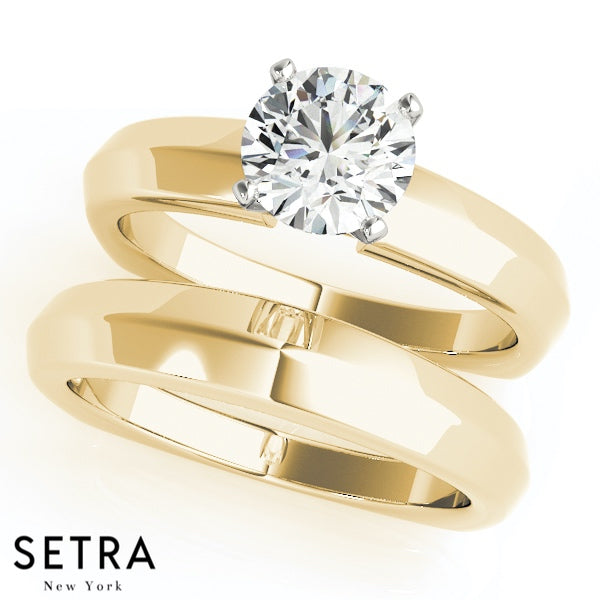 MATCHING SET OF KNIFE EDGE EUROPEAN SOLITAIRES DIAMOND ENGAGEMENT & BAND 14K GOLD RINGS
