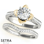 Set Of Victorian Crown Center Flower Shape Style Engagement Ring 14kt Gold