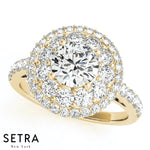Double Row Halo Engagement 14kt Gold Ring For Round Cut Diamond