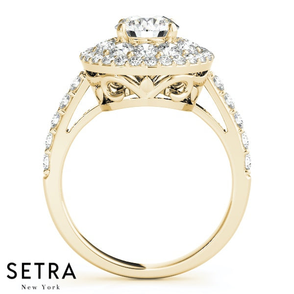 Double Row Halo Engagement 14kt Gold Ring For Round Cut Diamond