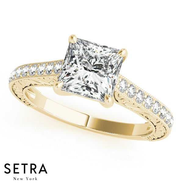 Lab Grown Diamonds Vintage Princess Cut Engagement 14kt Gold Ring