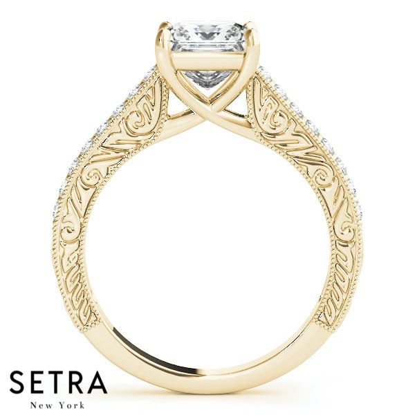 Lab Grown Diamonds Vintage Princess Cut Engagement 14kt Gold Ring